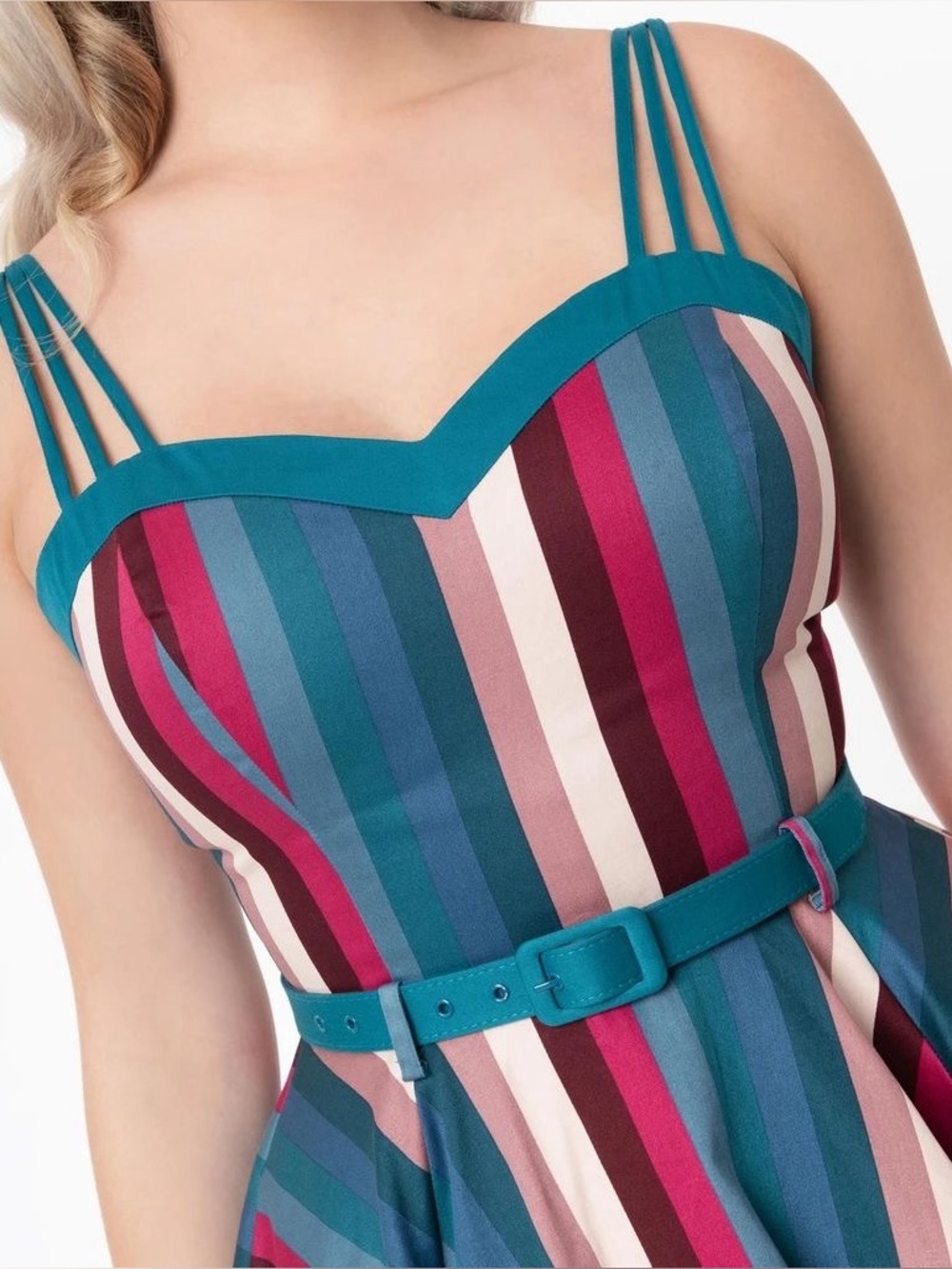 Unique Vintage Collectif Nova Paradise Teal & Pink Stripe Swing Dress - Picture 5 of 14